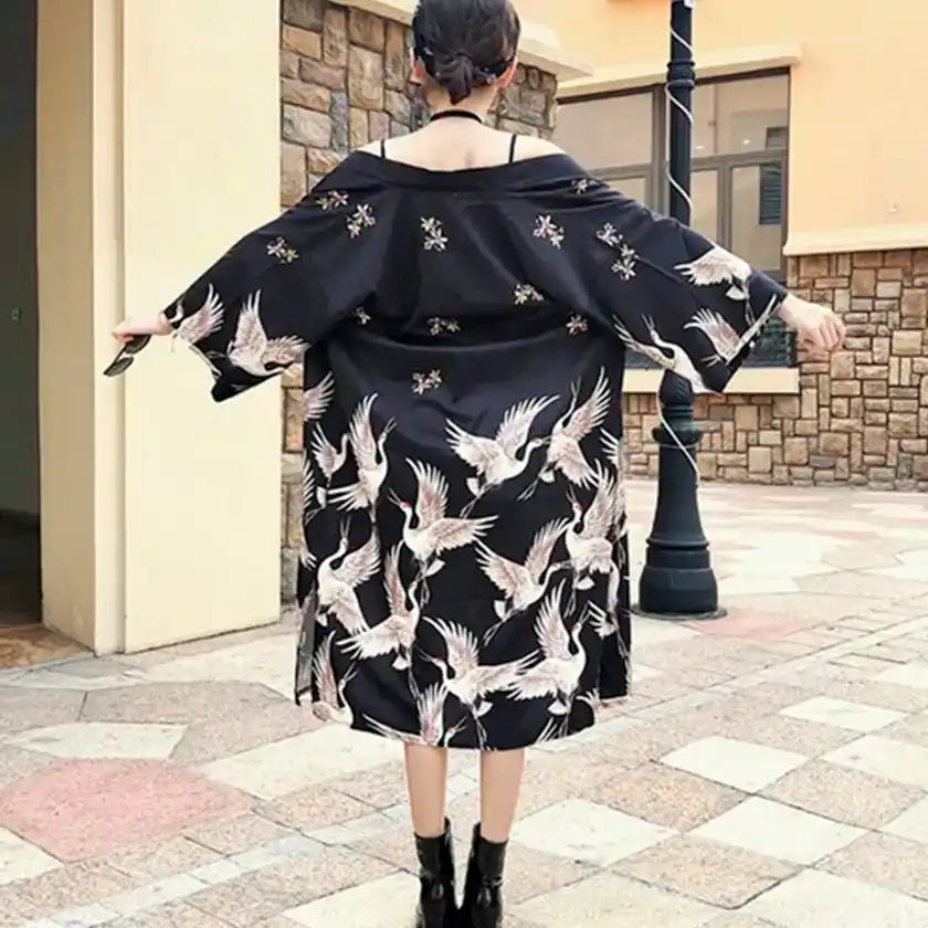 Veste Kimono Longue "Grues" Noir