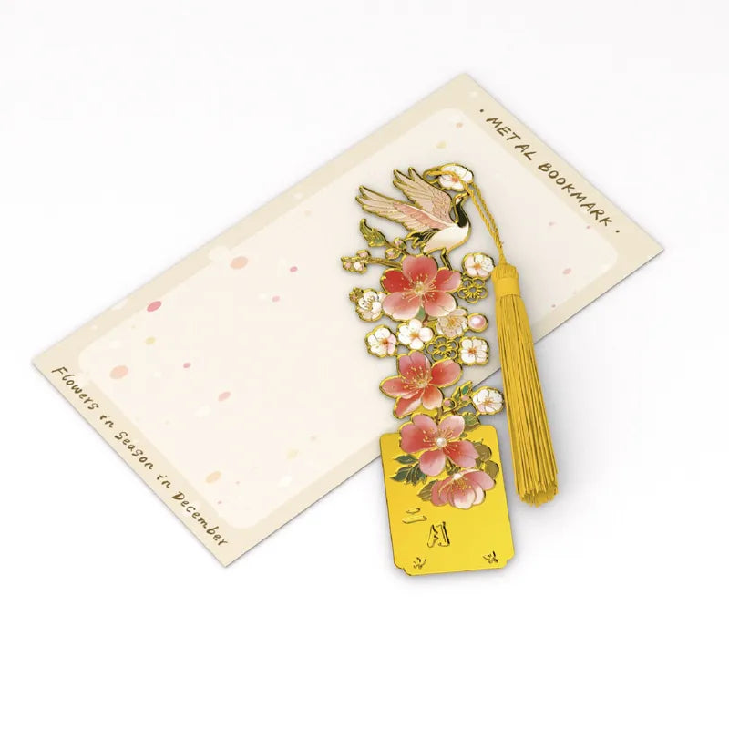 Marque-page Grue et Fleurs d'Abricotier