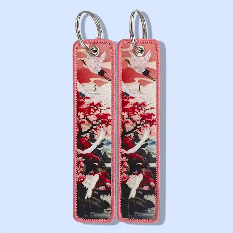 Porte-clé Grues Sakura et Montagnes Rose Pastel #03