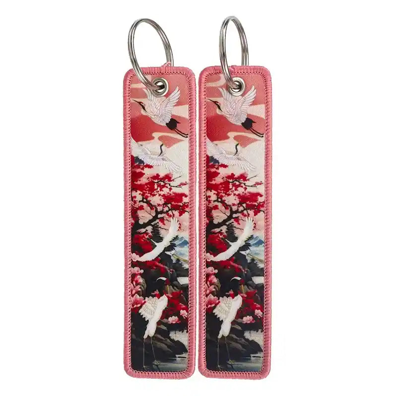 Porte-clé Grues Sakura et Montagnes Rose Pastel #03