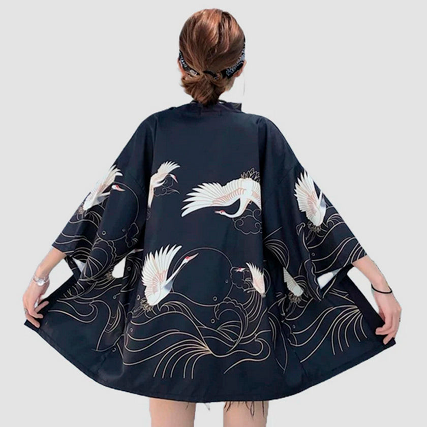 Veste Kimono Courte "Grues Lignes Epurées"