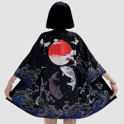 Veste Kimono Courte "Pleine Lune et Carpes Koi"