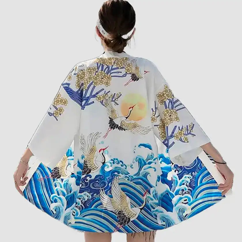 Veste Kimono Courte "Vagues et Grues"